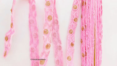 Pink Net Lace Trim In Floral Embroidery And Glitter Gold Sequins, , Wedding Trims